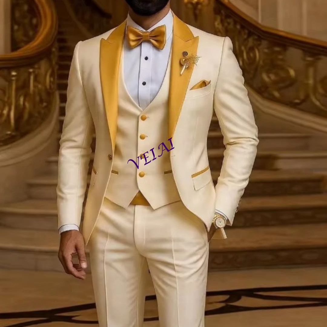 Men'S Formal Wear Accessories - Personalizado gola dourada marfim terno masculino